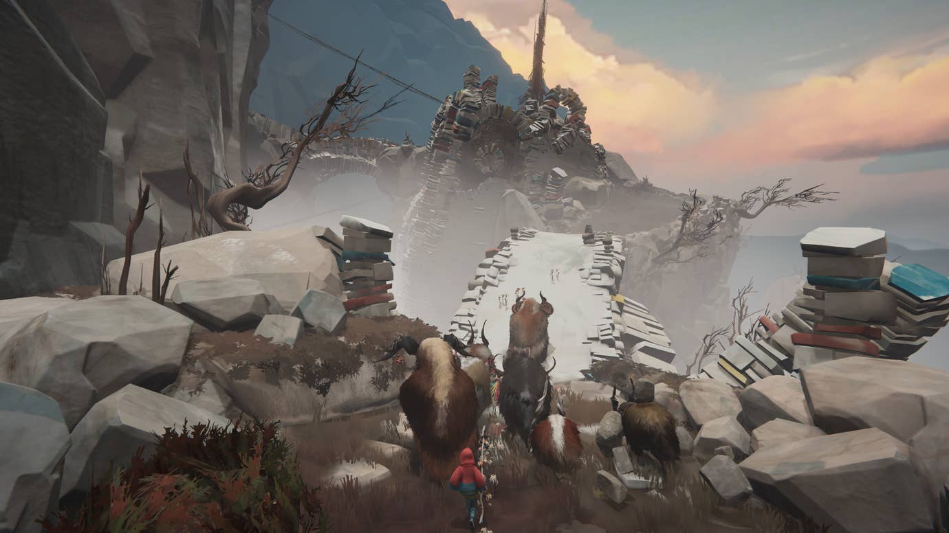 A herd of goatlike animals approaching a narrow stone path above cliffs against a pale sky in Herdling.